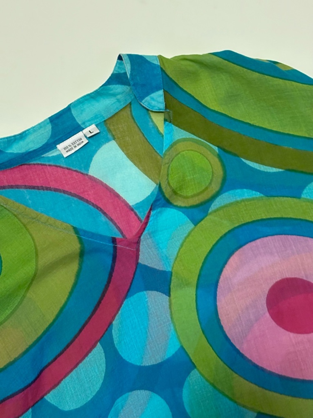 Indian cotton circle print Swim Coverup sz Large blue pink turquoise 3/4 sleeves